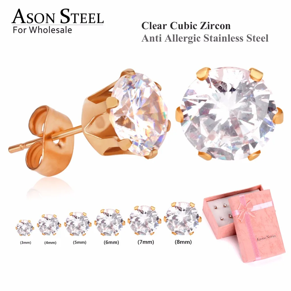 ASON, стальные серьги-гвоздики для женщин, розовый цвет, Круглый AAA кристалл, 6 пар/кор., набор сережек, нержавеющая сталь, Mujer Bijoux, подарок для любви