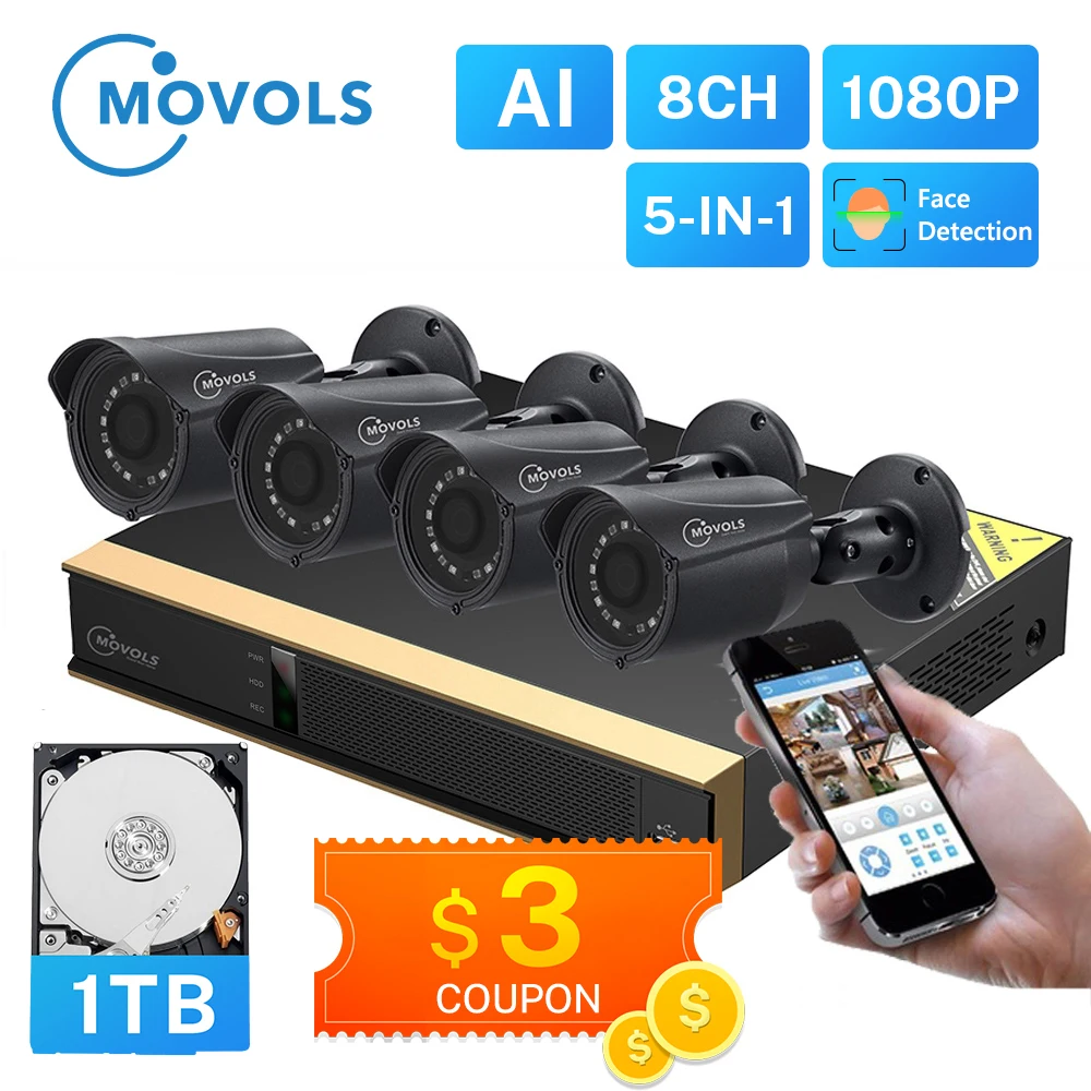 

Movols 8CH AI CCTV Camera System 4PCS 2MP Outdoor Weatherproof Security Camera DVR Kit H.265 Home Video Surveillance System