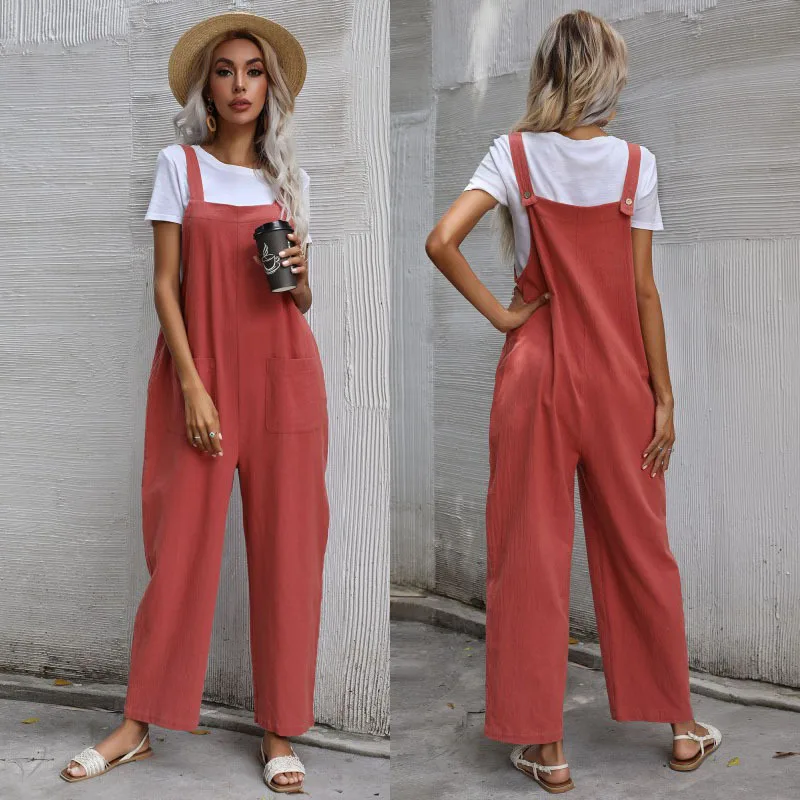 Dual Pocket Solid Jumpsuits Women Loose Casual Overalls Jumpsuit Summer Sleeveless Cotton Linen Wide Leg Jumpsuit LC6386