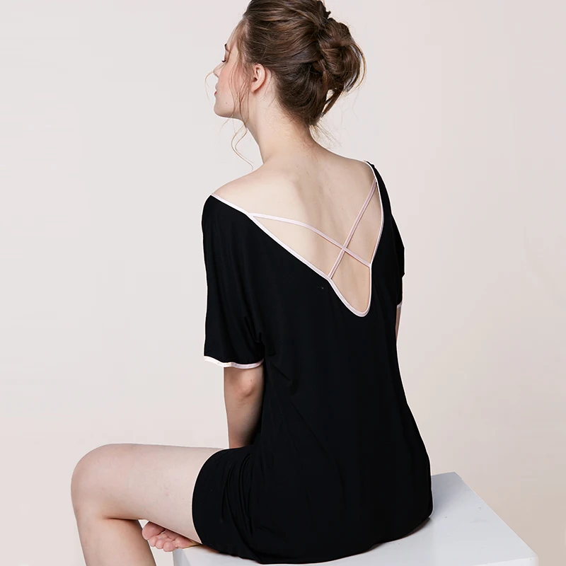 

Women's Short Sleeve Modal Cotton Back Lace-Up Crossed Sleepdress Hot Sale New Nightdress Summer Comfy Ladies Nightgown
