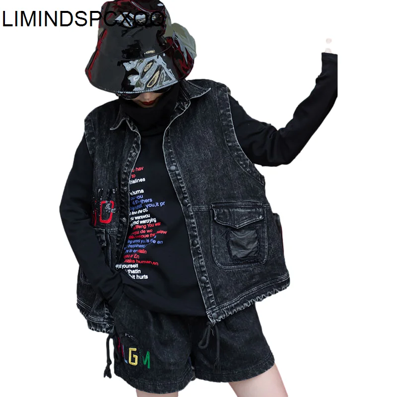 

LIMINDSPCXQQ Fashion British Women Printed Letters Loose Denim Vest Ladies Punk Vintage Harajuku Waistcoats Casual Sleeveless