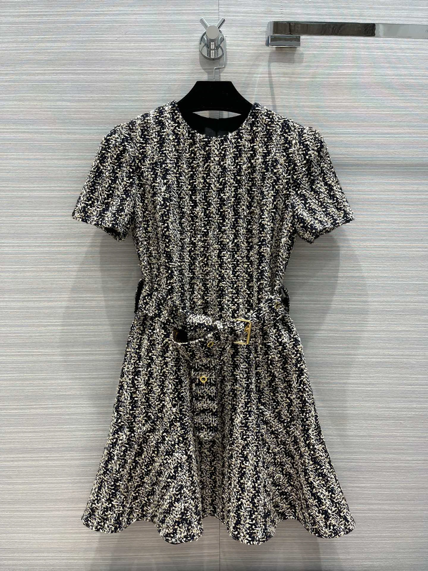 

New Autumn Haute Couture A-Line Dress Tweed Anchor Metal Button L Sashes V Elegant High Quality Luxury Wool Silk Lining Women