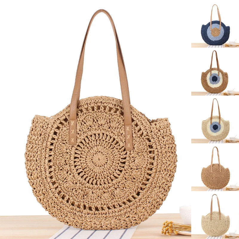 

2021 Summer Women Straw Bag Rattan Woven Round Handbag Knitted Messenger Crossbody Beach Hot Sale Boho Style Ladies Handbags