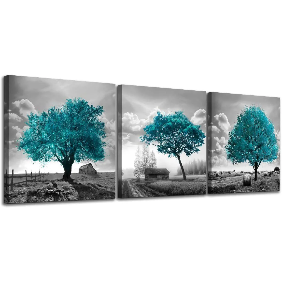 

3Pcs Teal Trees Farmhouse Rustic Country Posters Wall Art Canvas Pictures Home Decor Paintings Accessories for Living Room