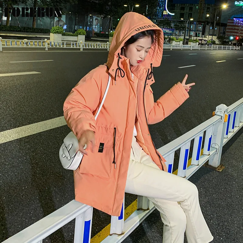 

Женское длинное пальто с буквенным принтом FORERUN, теплая ветрозащитная куртка-пуховик с капюшоном и регулируемой талией