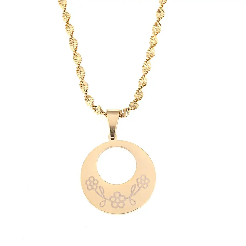 Нержавеющая сталь круглое колье подвеска с Мода цветок Гравировка цепи