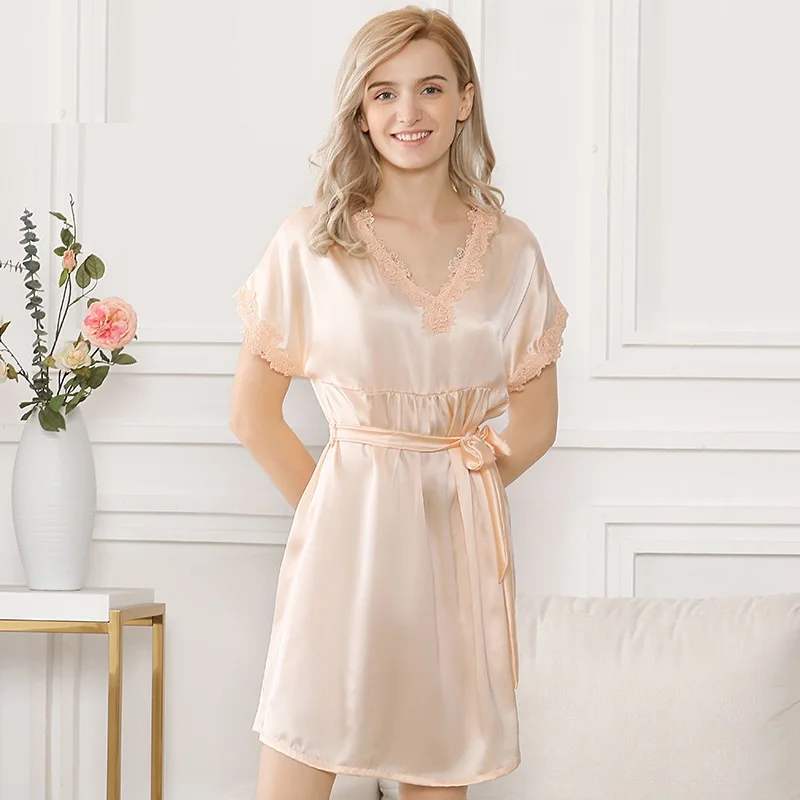 

Women Homewear Silk Stain Nightgowns Pink Short Sleeve Summer 2020 Lady Sexy Bath 100% Silk Homwears Sleepwear