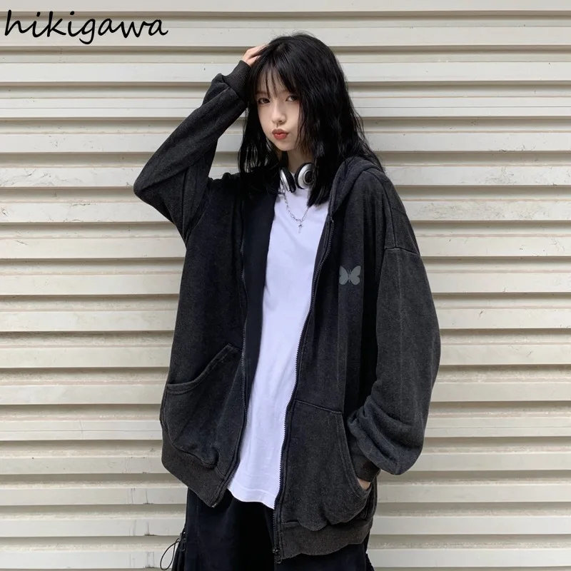 

Hikigawa 2021 свитшоты для Wo мужчин корейские Харадзюку топы на молнии уличная одежда бойфренд с капюшоном стандартные японские повседневные тол...
