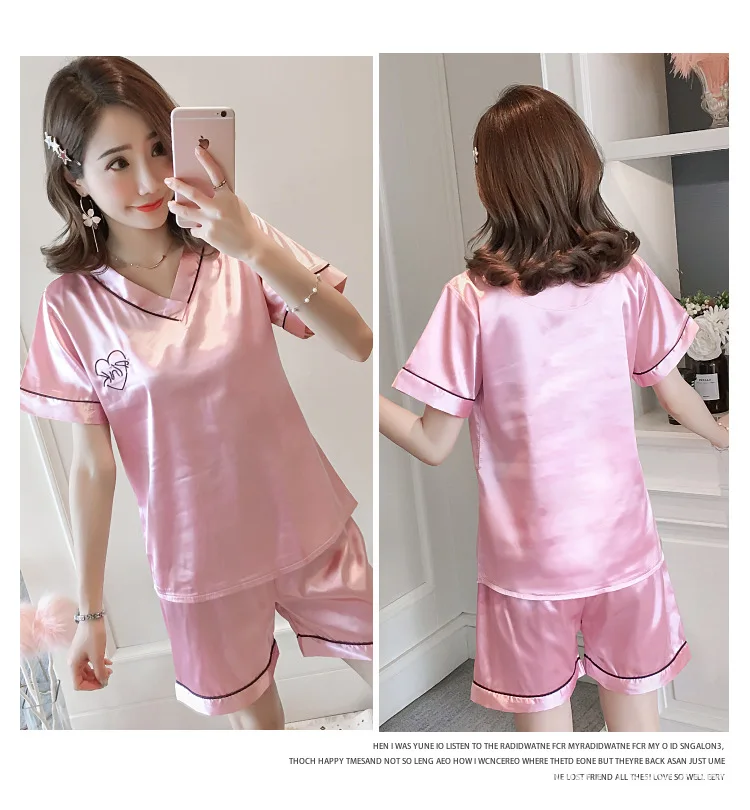 2021 New Pajamas Women's Summer Short Sleeve Nightwear Thin Home Wear Sleepwear Two Piece Ice Silk Shorts Suit Lounge Wear
