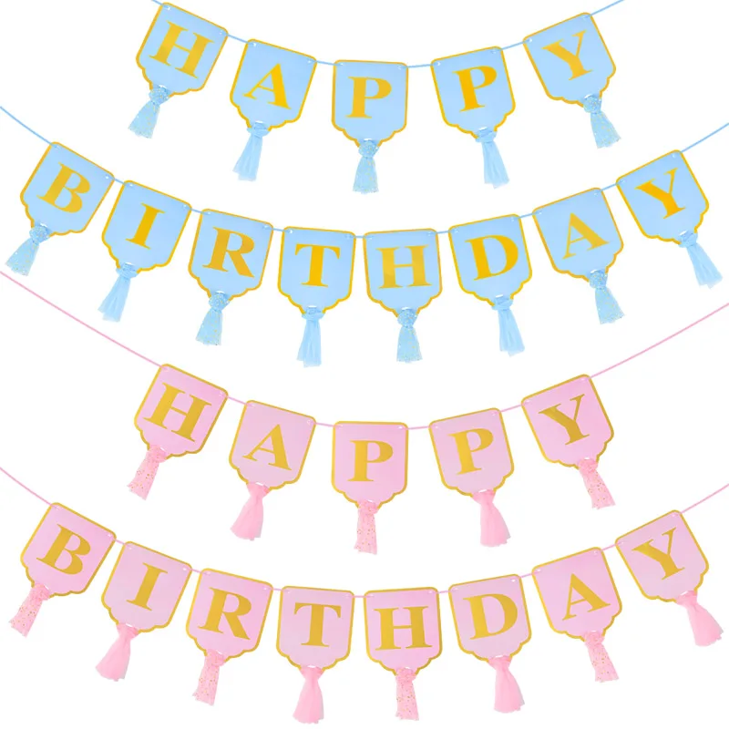 

Pink/Blue Happy Birthday Paper Bunting Garland Banners for Boys Girl Baby Shower Grnder Revael Party Decoration Birthday Supply
