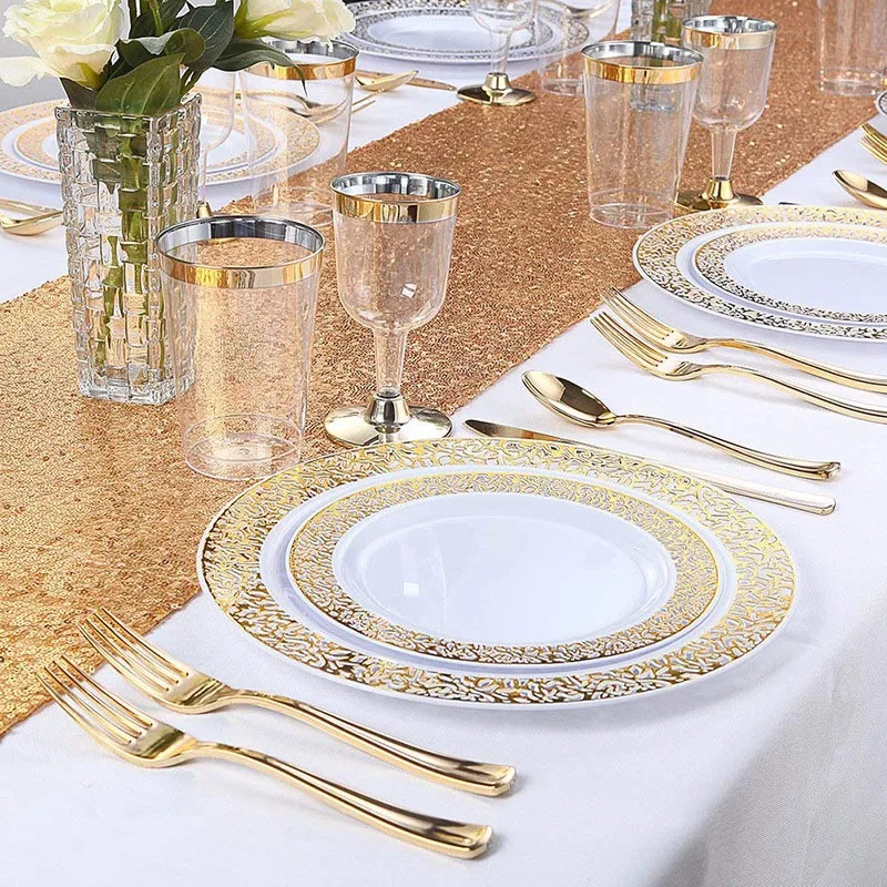 

150Pcs Gold Plastic Plates with Disposable Plastic Silverware,Lace Design Wedding Party Plastic Tableware Sets for All Holidays