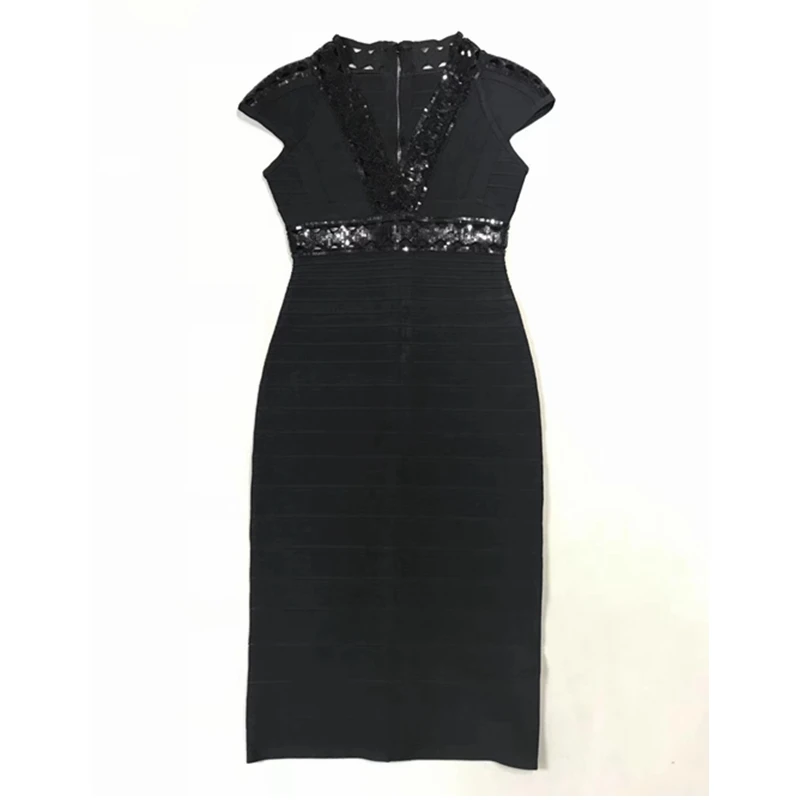 2019 модное черное бежевое Бандажное платье с v-образным вырезом и коротким рукавом