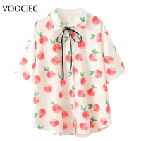 japanese cute fashion white shirt for women mori girl fruit strawberry kawaii chiffon tops vintage lace up collar button blouses