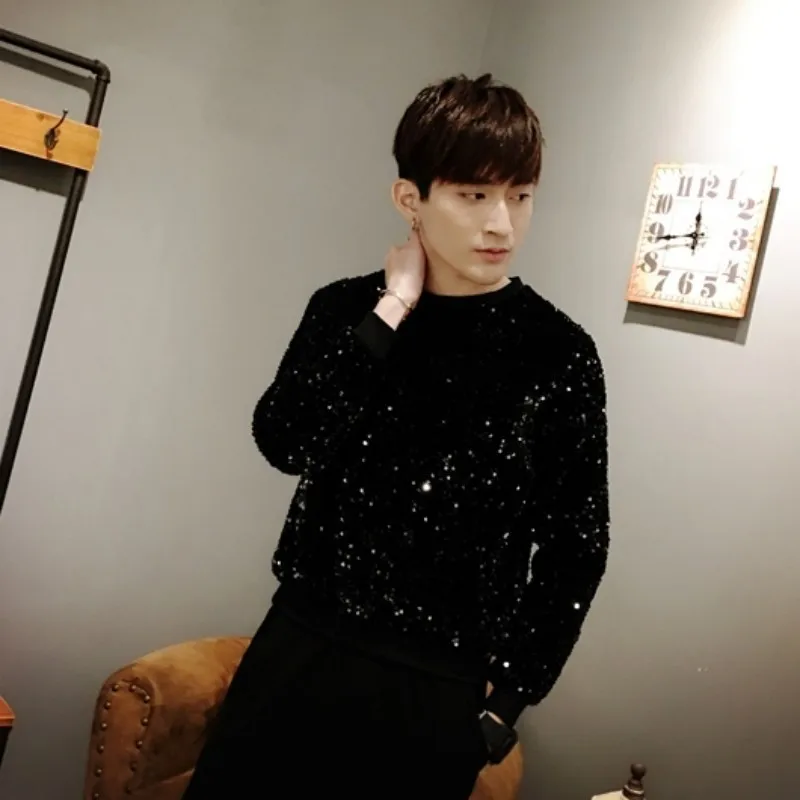 Новинка 2020 модные топы с круглым вырезом и блестками Мужская футболка длинным