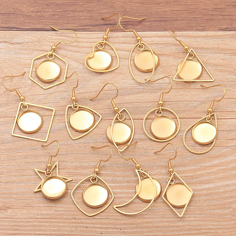 

4PCS 12mm Inner Size 14 Styles Gold Geometric Charm Stainless Steel Earring Hook Base Settings For DIY Jewelry Handmade Making