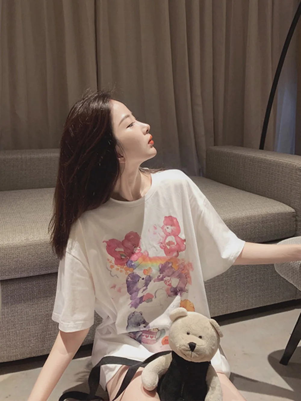 

2021 new blue bear t-shirt short-sleeved loose top women's super fire casual mid-length T summer