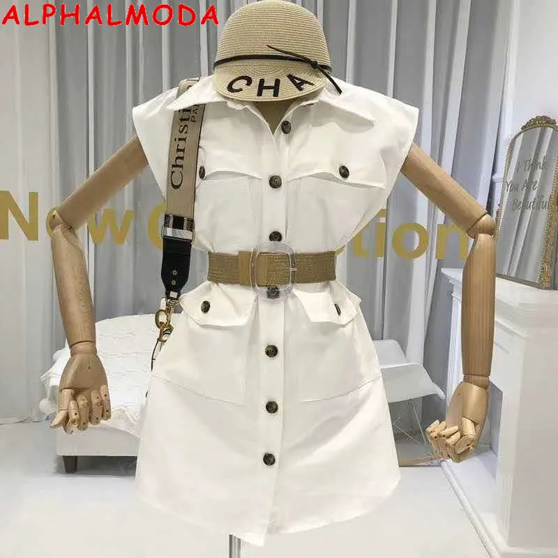 Женское однобортное платье ALPHALMODA без рукавов с поясом и карманами на весну