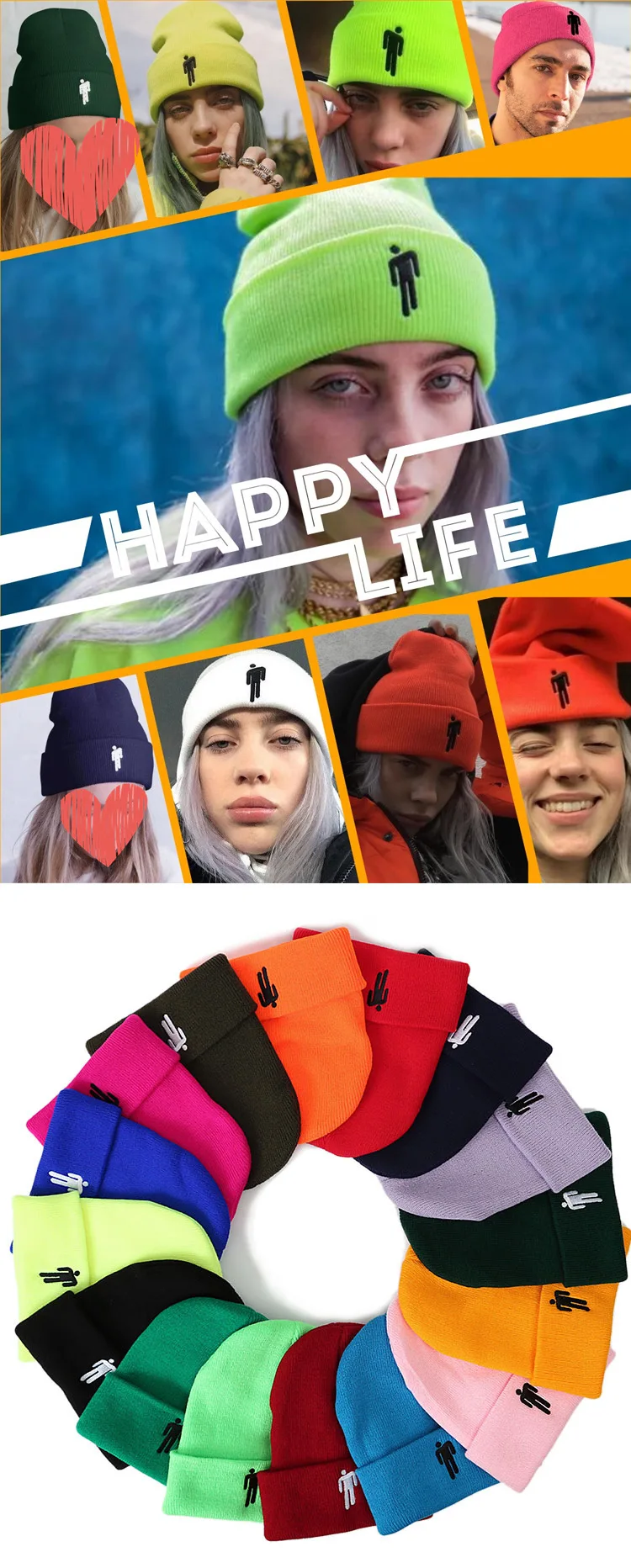 Billie Eilish Beanie шапка для женщин и мужчин, вязаное, тёплое, зимнее, однотонное, хип-хоп, повседневное, с манжетами, широкий берет-Боб