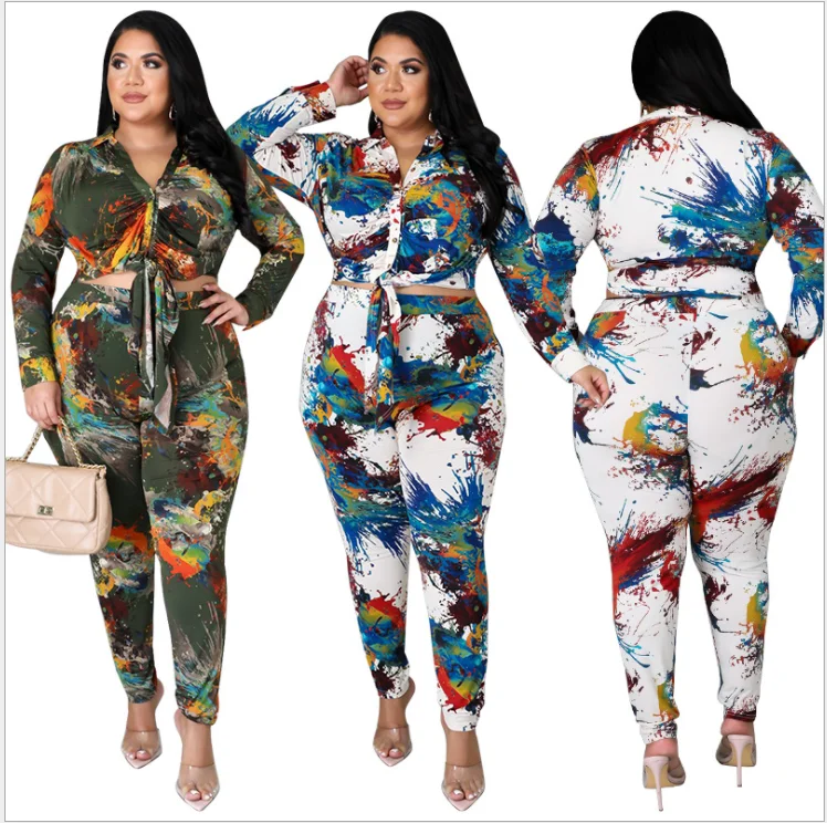 

Plus Size Clothing XL-4XL Two Piece Set Women Print Jacket Shirt Pants Outfit Office Ladies Fall Winter Wholesale Dropshipping