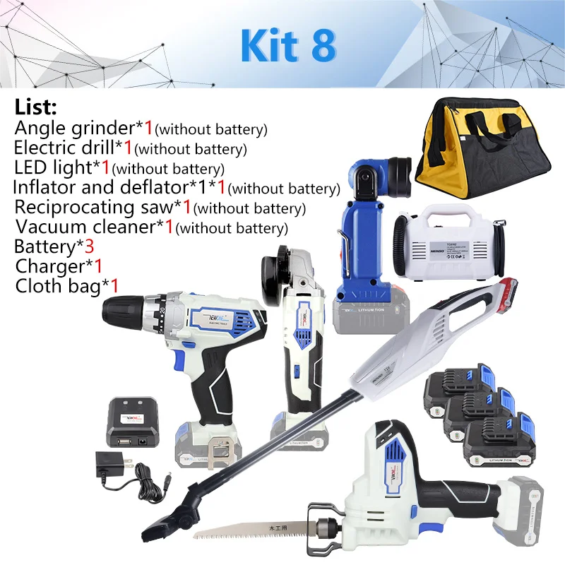 Kit 8 NEWONE/Keinso 12V 6-инструмент литиевая аккумуляторная на высокоточном оборудовании, угловая шлифовальная машина электрическая дрель светодиодный светильник пылесос электрическая пила - Цвет: Kit 8