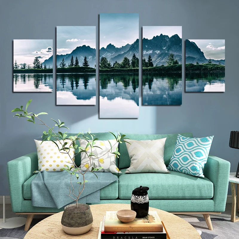 

Hd Photography Landscape Printing Canvas Poster Towering Mountains Clear Lake Reflection Waterproof Ink Home Frameless Painting