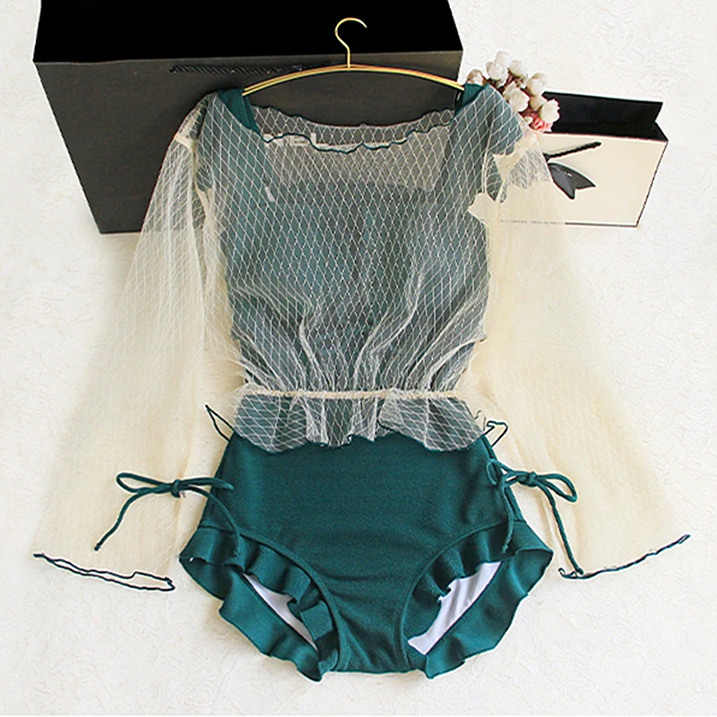 STAERK suits female conjoined conservative 2019 new retro green long-sleeved blouse ins web celebrity swimsuit small breasts | Спорт и