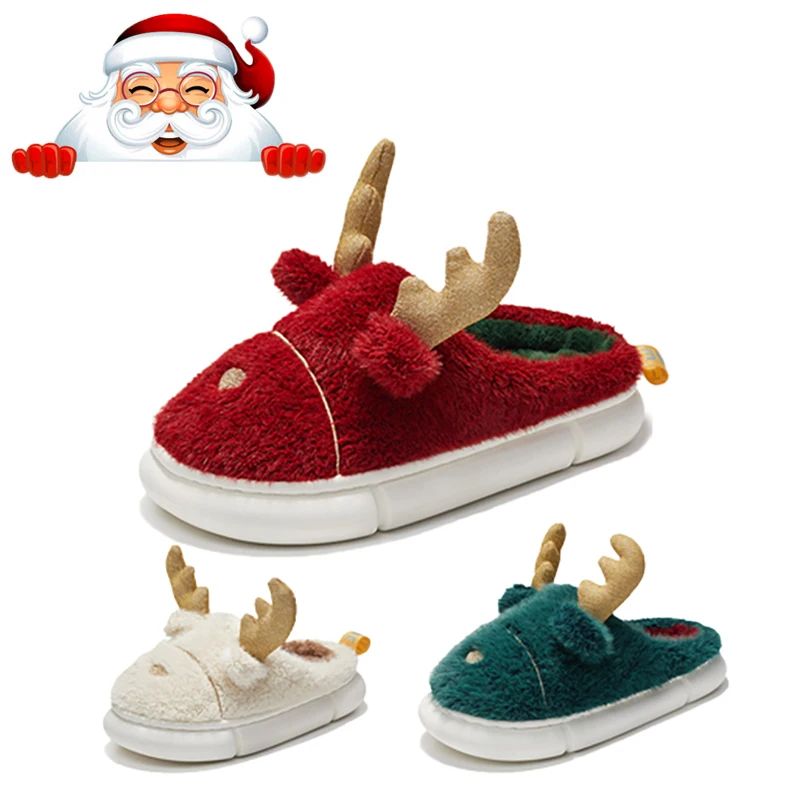 

Winter Women Furry Cartoon Slippers Rabbit Wool Warm Home Shoes EVA Platform Slient Men Flat Shoes Pantuflas De Mujer Christmas