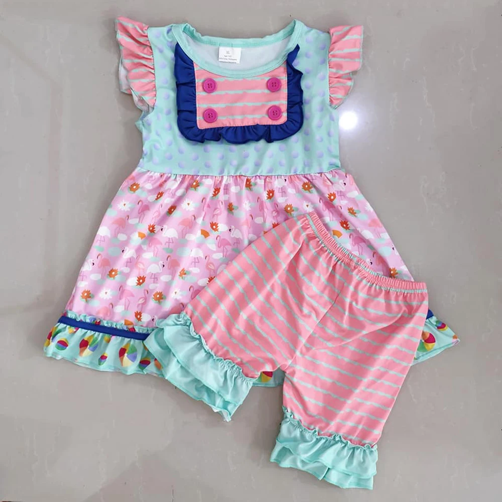 

Summer kids clothes fastener lovely flamingo top matches stripe shorts children suit