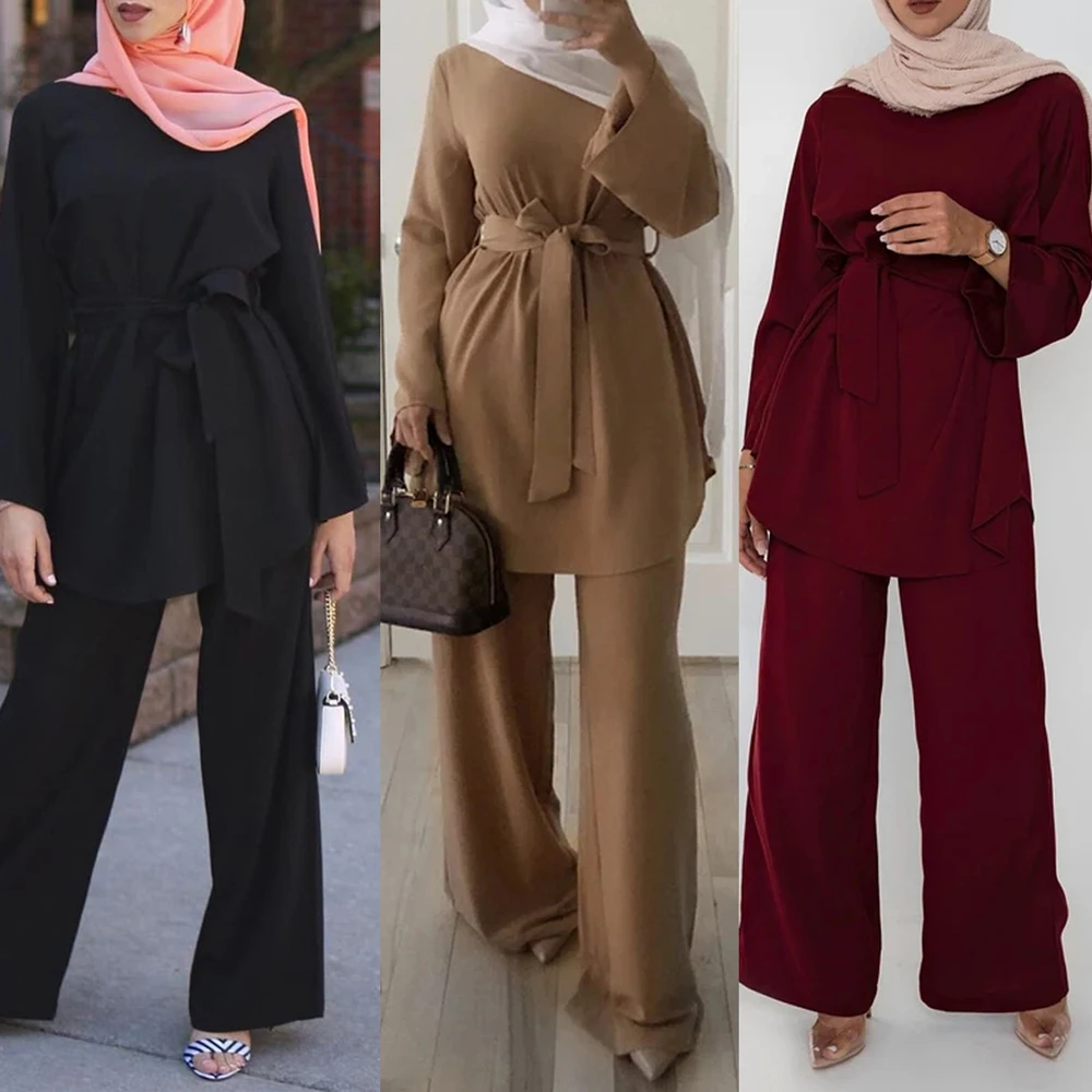 

Muslim 2 Piece Set Women Abaya Dubai Long Sleeve Tops and Wide Leg Pants Kaftan UAE Pakistan Turkey Prayer Islamic Arab Clothing