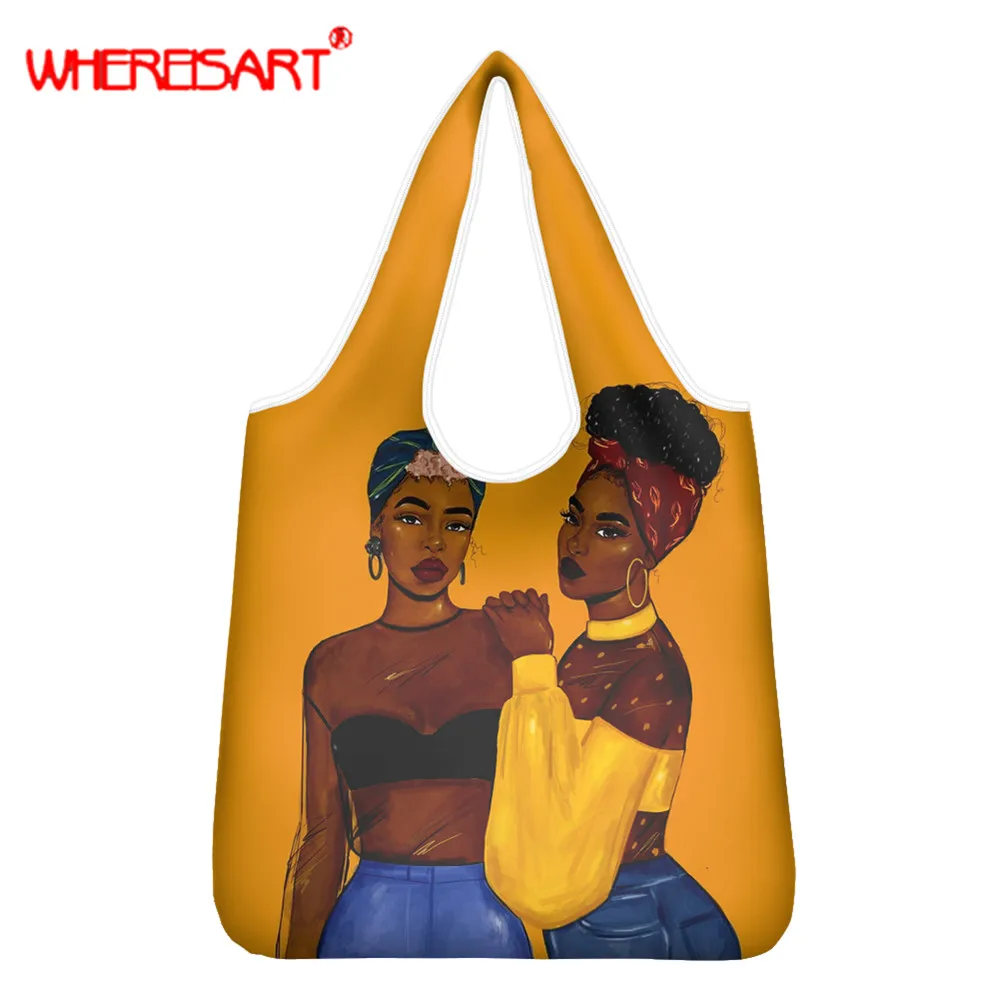 

WHEREISART Afro Girls Black Women Folding Grocery Bag High Quality Eco-Friendly Shopping Bags for Women Travel Pocket Tote Bags