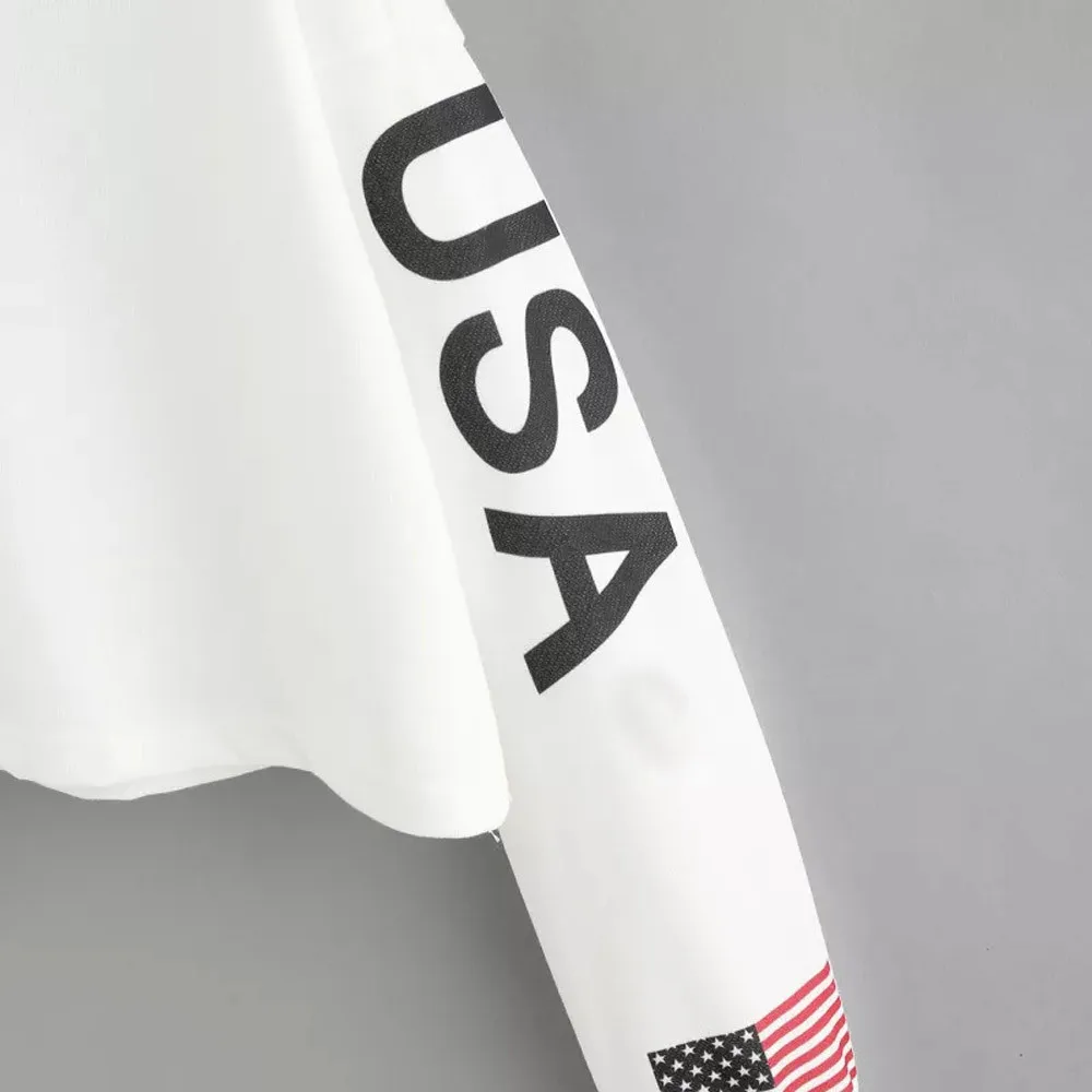 

Fashion Crop Top Hoodies Women Casual Drop Shoulder American Flag Print Sweatshirt Harajuku Long Sleeves Pullover Clothes Bluzy