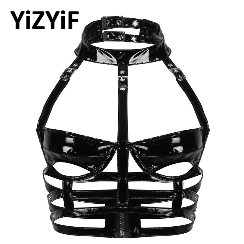 

Women Sexy Lingerie Punk Gothic Wet Look Patent Leather Bras Crop Top Halter Neck Cups Cutout Low Back Caged Bra Top Clubwear