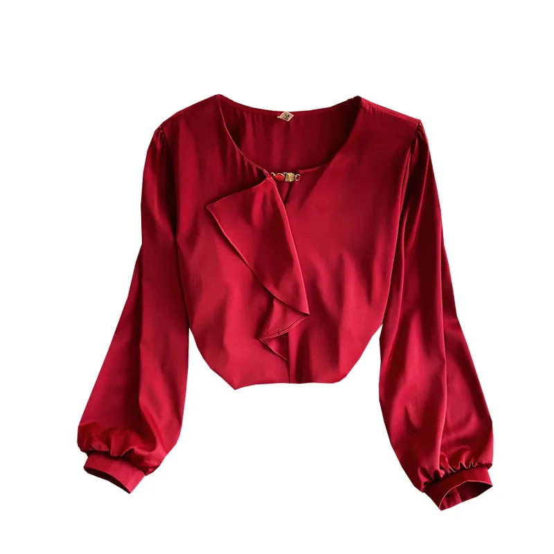 

Ruffled v-neck shirt women long-sleeved white shirt 2021 spring OL professional wear temperament ribbon chiffon shirt