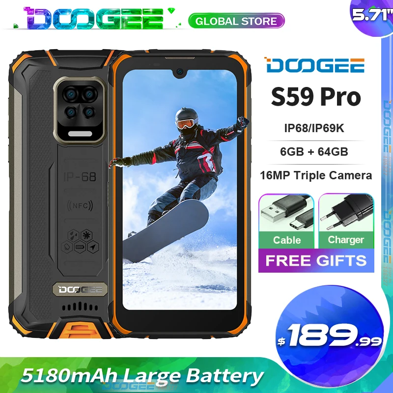 Смартфон Doogee S59 Pro 4 + мобильный телефон ГБ 5 71 дюйма Android 10050 128 мАч|Смартфоны| |