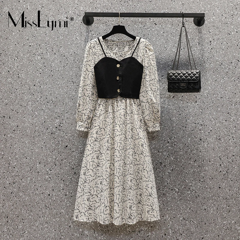 

MissLymi L-4XL Big Size Women French Two Pieces Flower Dress Autumn 2021 Fashion Long Sleeve Collect Waist Pleated Midi Dresses
