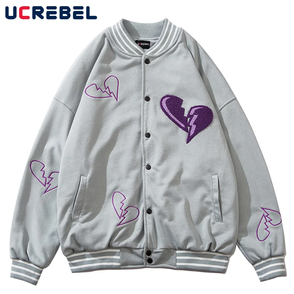 

Heart Embroidery Baseball Jacket Mens Autumn Streetwear Varsity Jacket Loose Casual Sports Outerwear Men