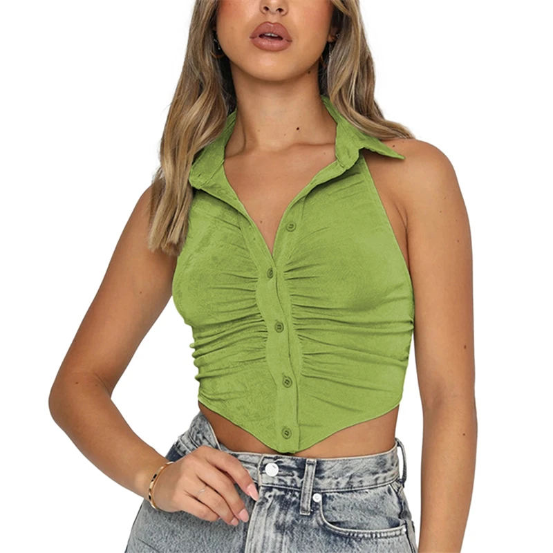 

Women\u2019s Sexy Lapel Backless Exposed Navel Camisole Slim Fit Outfits Daily Clothes Fashion Solid Color Halter Cardigan