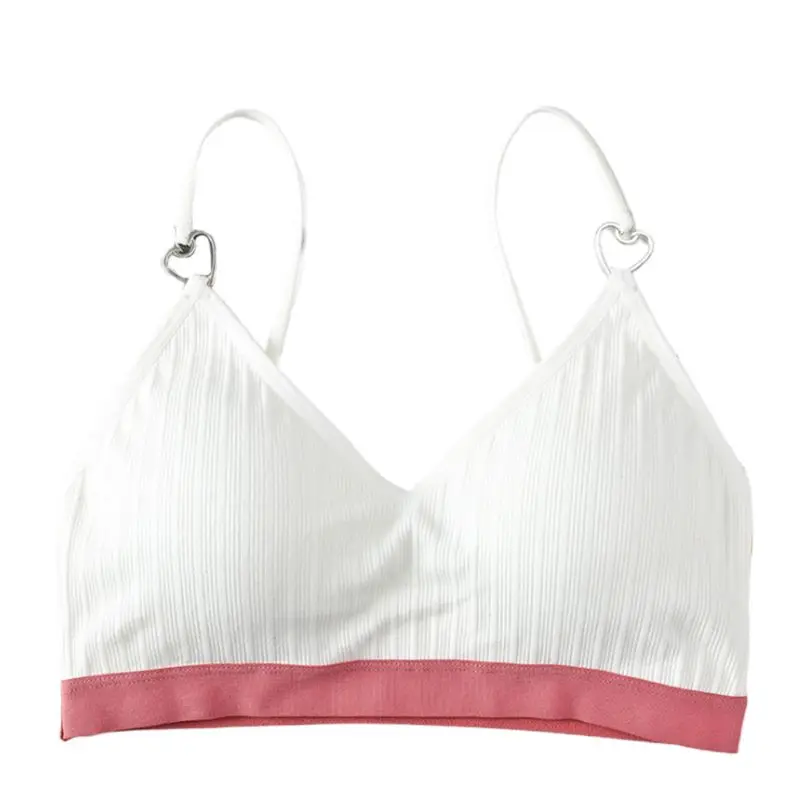 Women Candy Color Splicing Bralette V-Neck Heart Ring Ribbed Knit Bra Underwear X3UE