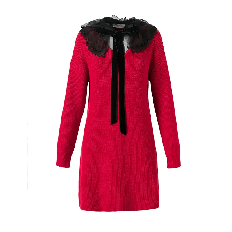 

2020 Spring Hot Women High Quality Knitted Color Wine Red Blue Stitching Patchwork Long Sleeve Casual Sweater Dress