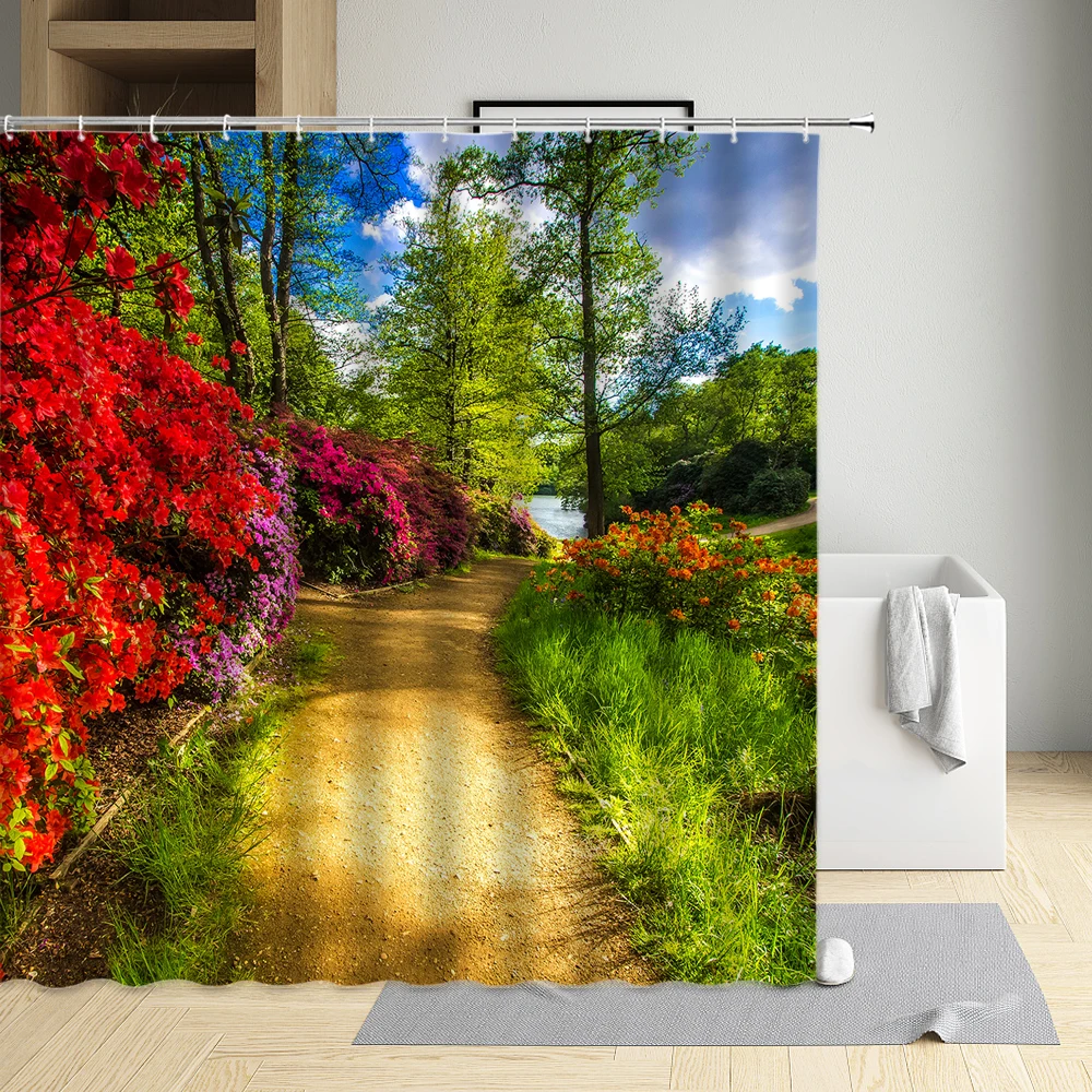 

Печать пастырской пейзаж занавеска для душа с лиственным деревом башня Водонепроницаемый ткань домашнее украшение ванной комнаты продукт...