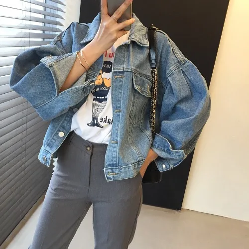 

Spring Autumn Womens Fashion Retro Puff Sleeve Short Denim Jacket Female Casual Turn-down Collar Single-breasted Solid Jackets