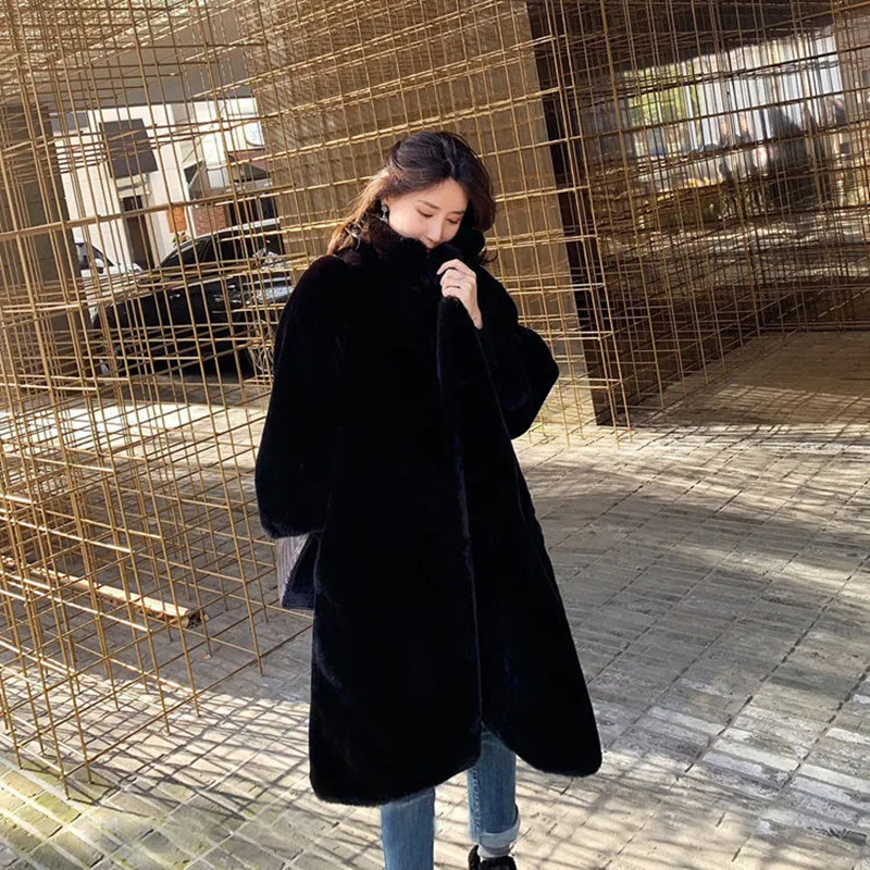 

Women Winter Long Solid Color Thick Warm Fur Leather Female Loose Elegant Brand Fashion Parkas Ladies Sweet New Slim Coats ML790