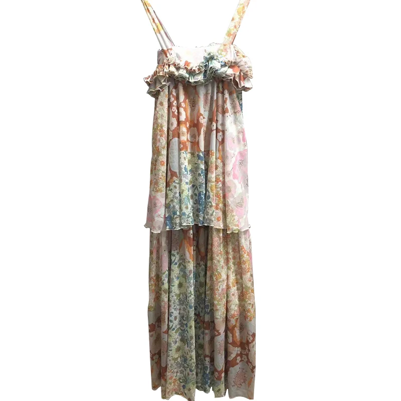 

XIZIHUPAN Vintage Ruffle Print Dress For Women Square Collar Sleeveless High Waist A Line Maxi Dresses Females Summer 2021 Style