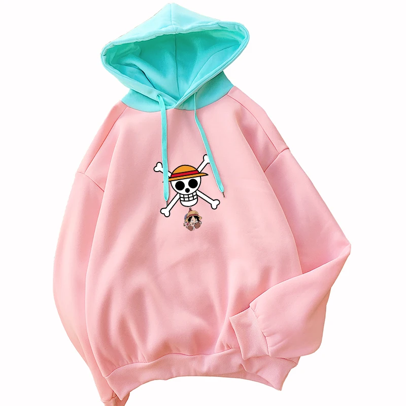 

Japanese Anime ONE PIECE Hoodies Women Harajuku Spell Color Spliced Sweatshirt Casual Streetwear Kawaii Cartoon Print Thick Tops