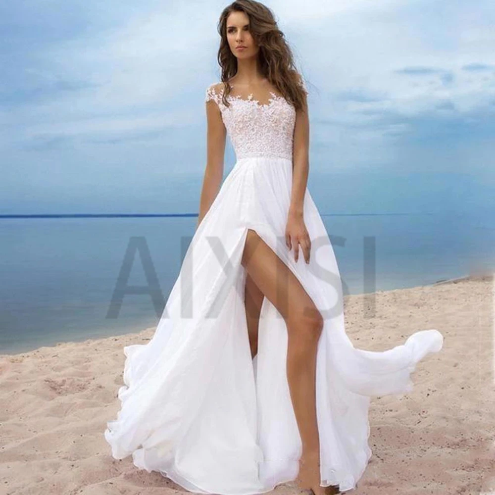 

Jasmine Wedding Dress Illusion O Neck Short Sleeve A-Line Bride Vestido Appliques Beads Belt Chiffon Slit Robe de mariée
