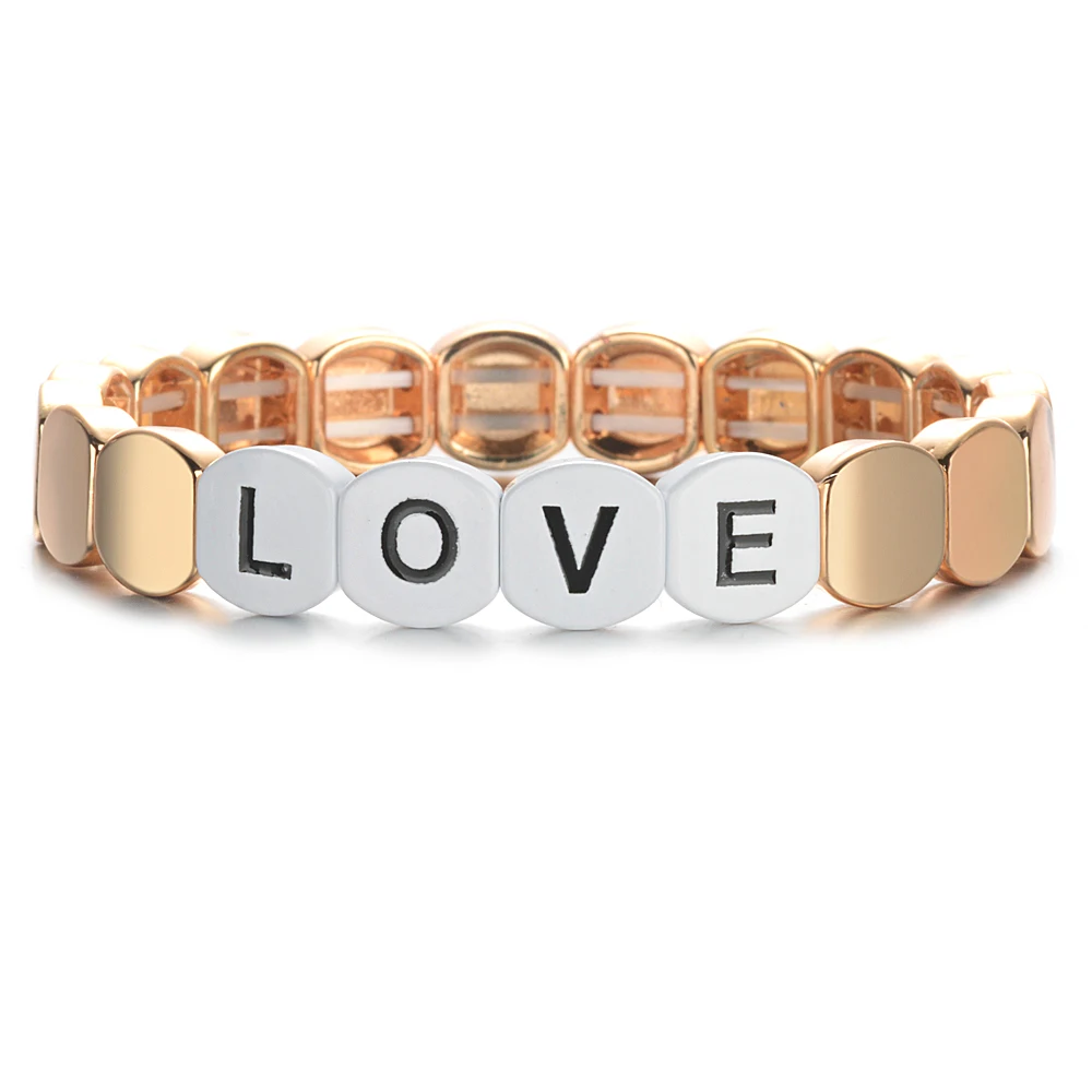 Романтическое письмо любовь ромб плитка браслет на эластичной веревке эмаль