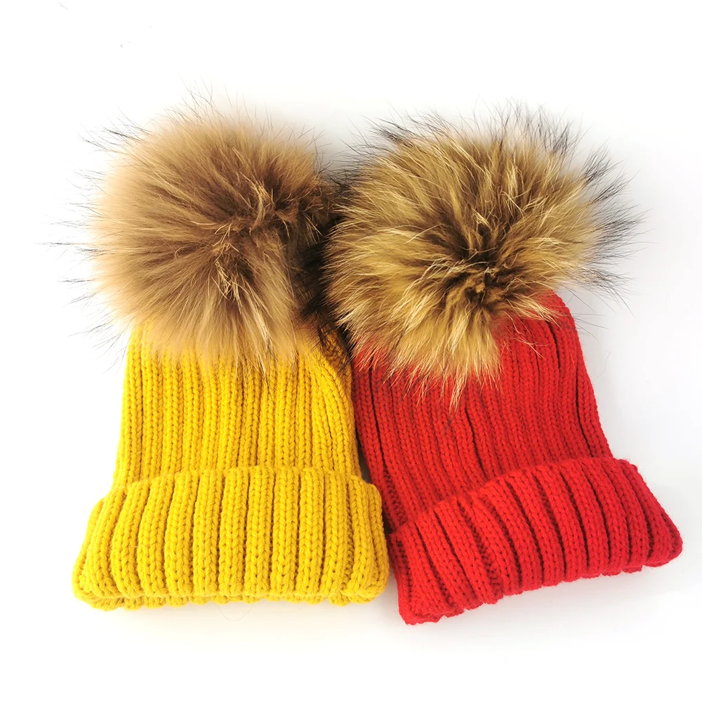 Winter Beanie Hat Knitting Detachable Pom Pom Real Raccoon Fur Ball Top Custom Designer Beanies Caps