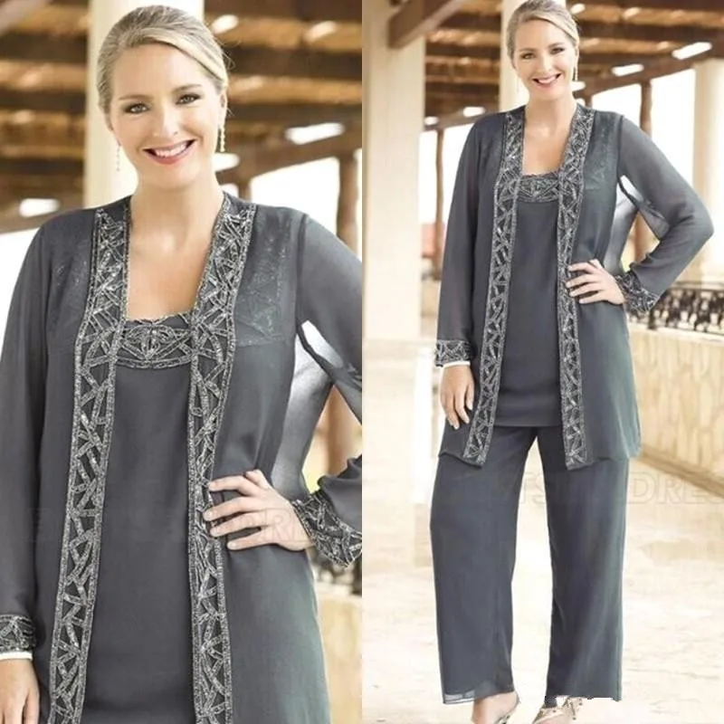 Elegant Gray Lace Long Sleeve Mother of The Bride Pant Suit Plus Size Chiffon Formal Evening Dresses Vestidos De Madrina | Свадьбы и