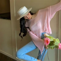 top womens summer design niche pink sunscreen womens thin hollow small shirt long sleeved sweater