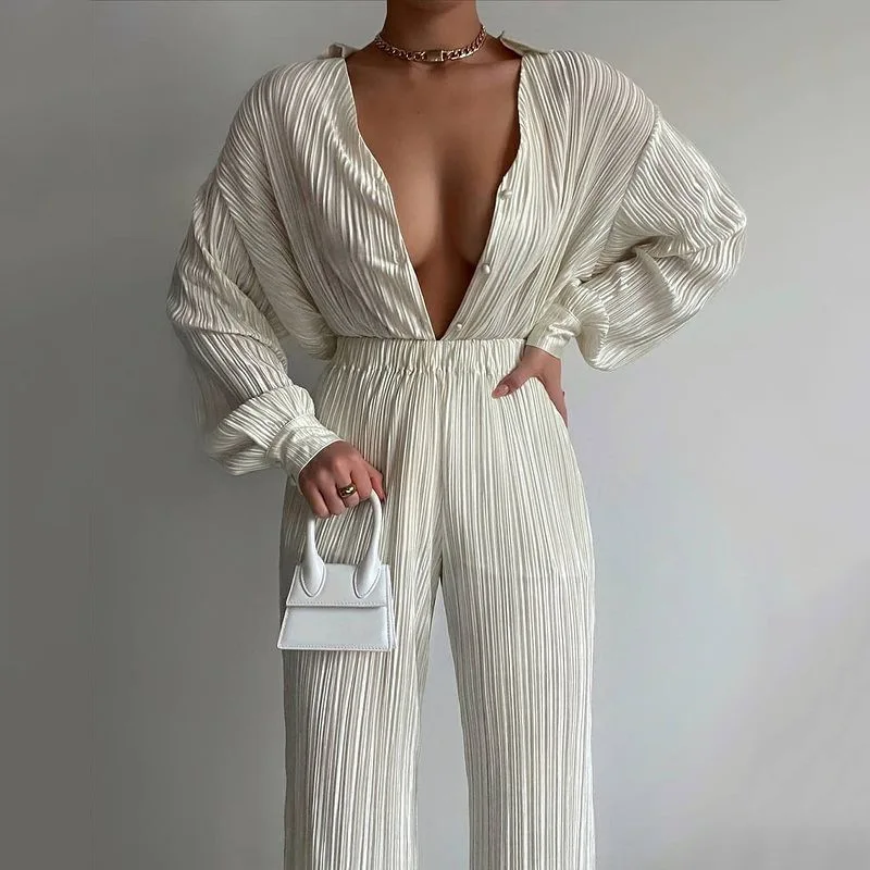 

2021 New Fashion Street Photography Net Red Lace Cardigan Top Loose Trousers Sexy Two Piece Set Elegant Clothes Pant Suits